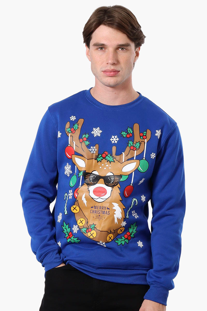 Ugly Christmas Sweater Reindeer Print Christmas Sweater - Blue - Mens Christmas Sweaters - International Clothiers