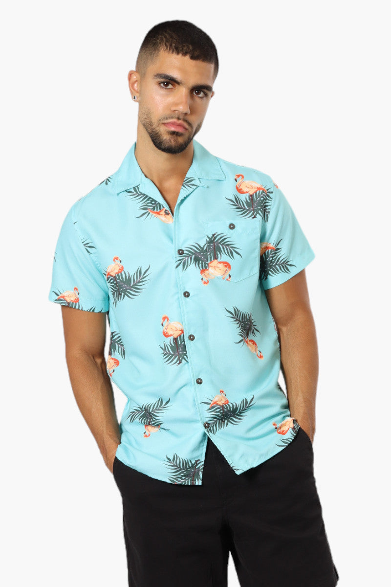 Boardsports Flamingo Pattern Button Up Casual Shirt - Blue - Mens Casual Shirts - International Clothiers