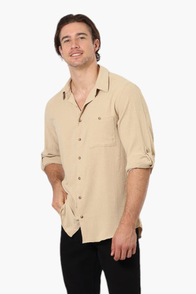 Urbanology Button Up Roll Up Sleeve Casual Shirt - Beige - Mens Casual Shirts - International Clothiers